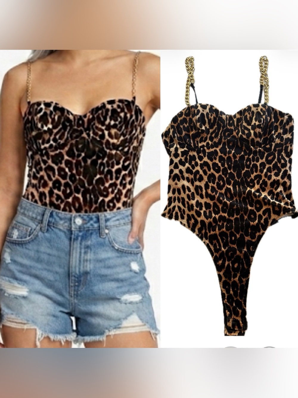 Kaylee Kollection Leopard Print Chain Strap Bodysuit S